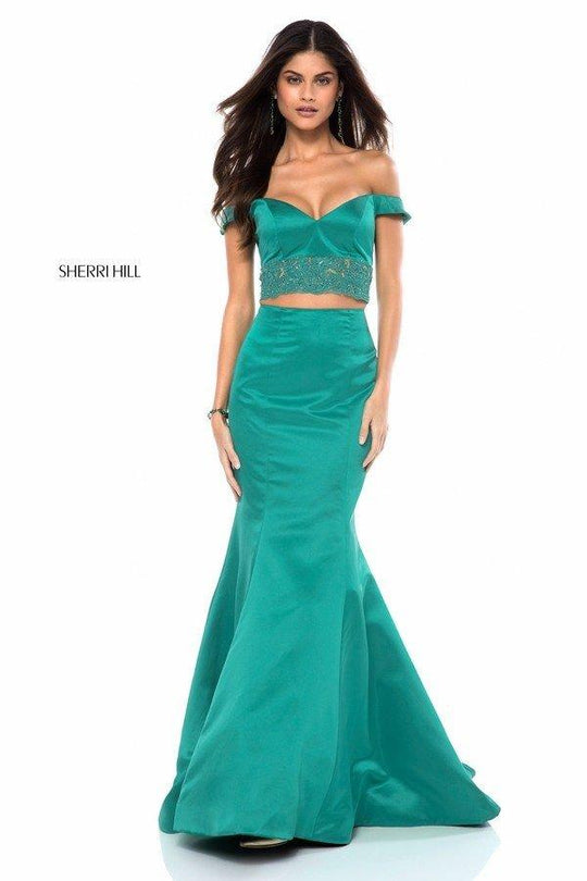 Sherri Hill - 52011 Appliqued Two Piece Off-Shoulder Evening Dress In Green