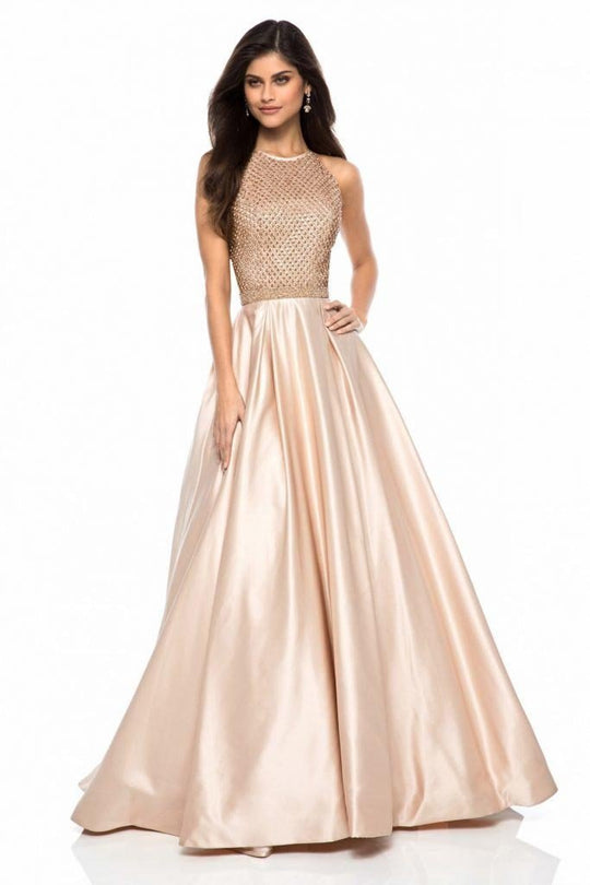 Sherri Hill - 52019 Beaded Halter Bodice A Line Satin Dress In Neutral