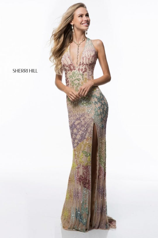 Sherri Hill - 52032 Beaded Deep Halter V-neck Dress With Open Back In Neutral and Multi-Color