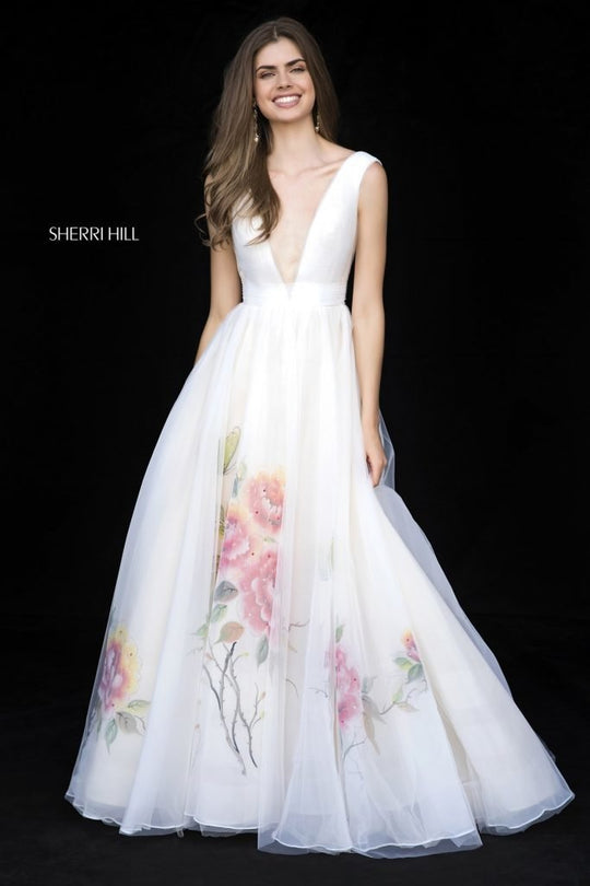 Sherri Hill - 52052 Deep V-neck Floral Print Ballgown In White