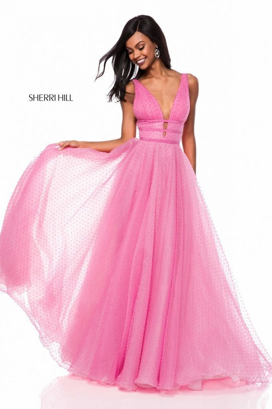 Sherri Hill - 52058 Plunging V-Neck Pleated Ballgown In Pink