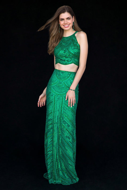 Sherri Hill - 52063 Two-Piece Fitted Long Sequined Dress In Green