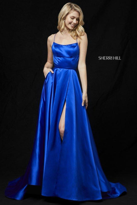 Sherri Hill - 52095 Sexy Strappy Back Long Satin Dress In Blue