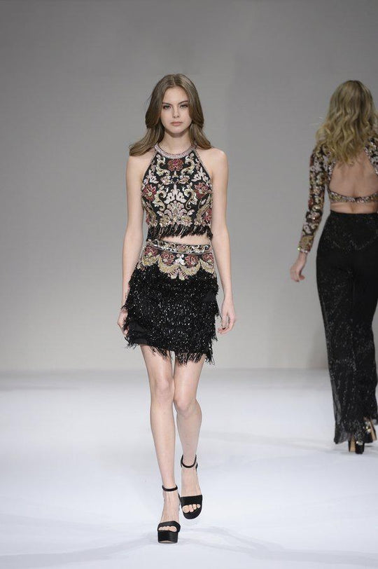 Sherri Hill - 52102 Two Piece Beaded Halter Fringe Sheath Dress In Black and Multi-Color