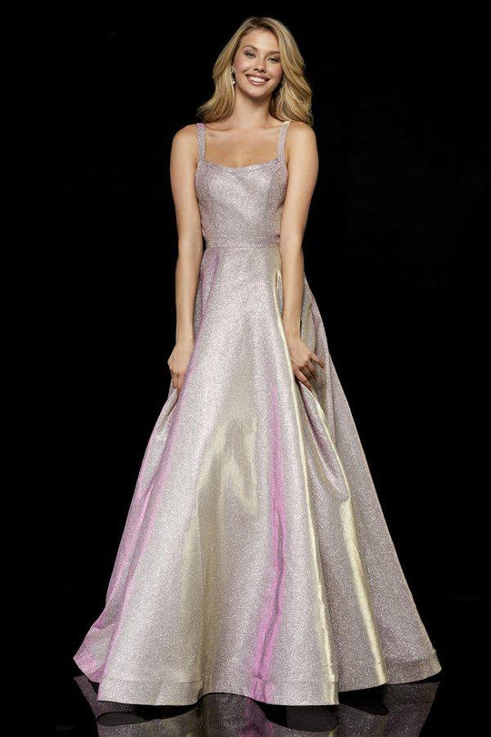 Sherri Hill - 52138 Long Square Neck Glitter A-line Dress In Pink