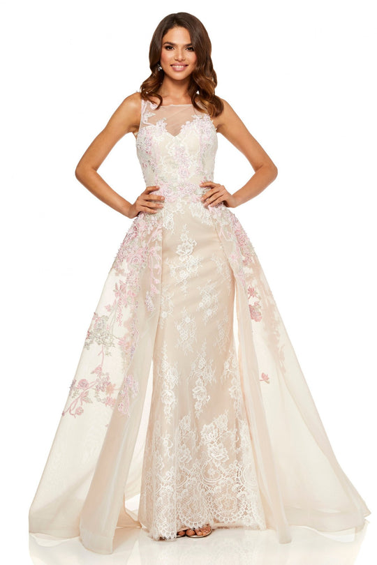 Sherri Hill - 52161 Floral Applique Bateau Dress With Overskirt In Neutral and White