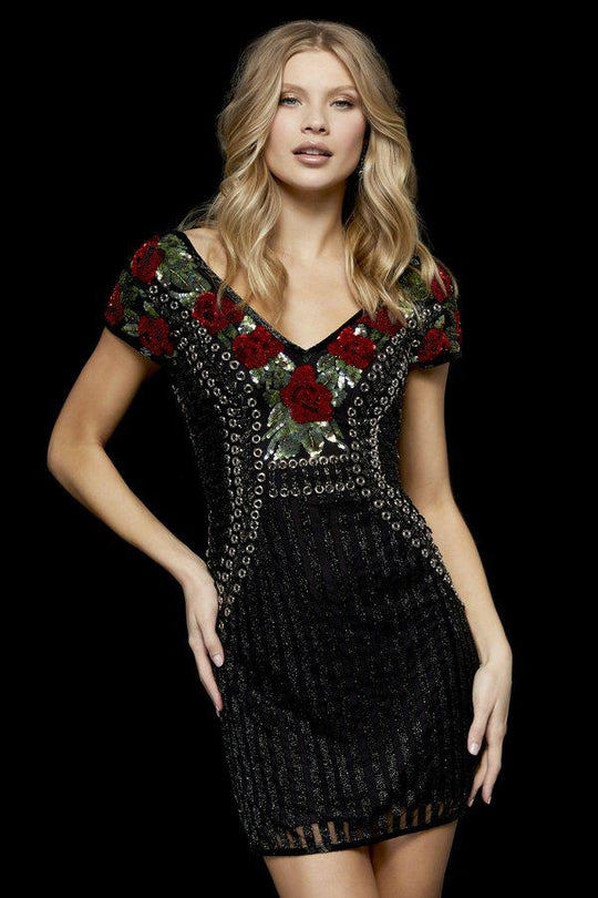 Sherri Hill - 52209 Beaded Wide V-neck Sheath Cocktail Dress In Black and Multi-Color