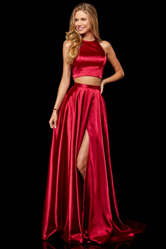 Sherri Hill - 52230 Two Piece Halter Charmeuse A Line Dress In Red