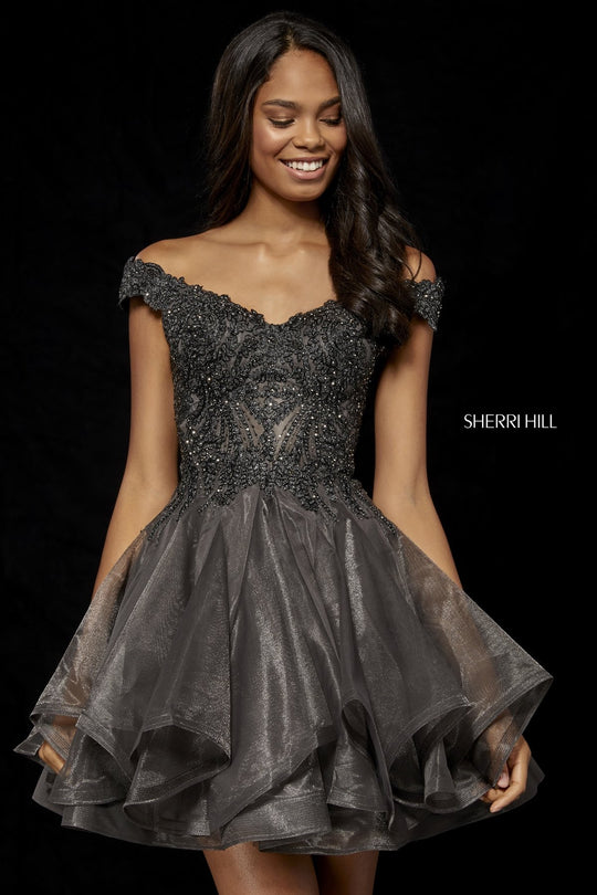 Sherri Hill - 52239 Short Off The Shoulder Applique Dress In Gray