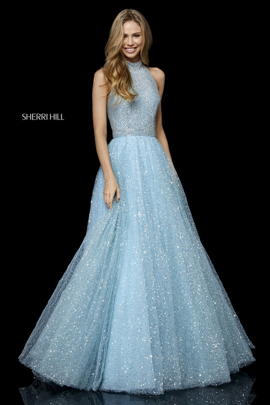 Sherri Hill - 52266 Long Halter Sequined Tulle Skirt Dress In Blue
