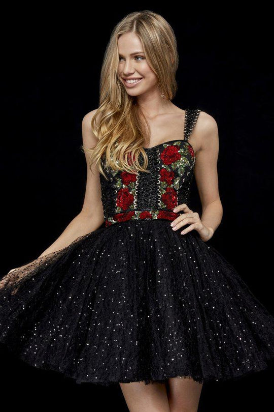 Sherri Hill - 52271 Bedazzled Semi-Sweetheart Tulle A-line Dress In Black and Multi-Color