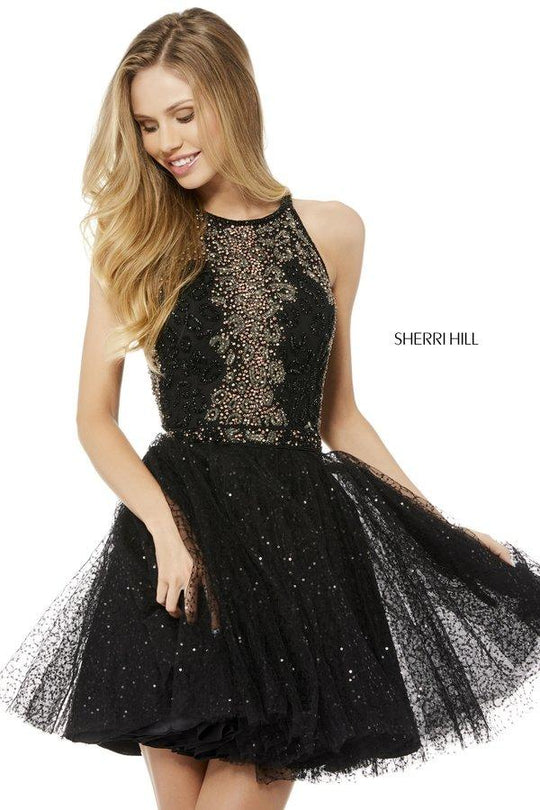 Sherri Hill - 52272 Embellished Halter Tulle A-line Dress In Black and Multi-Color