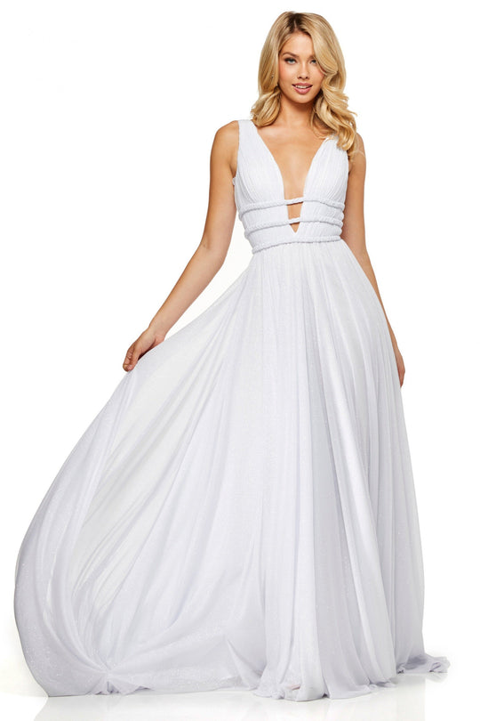 Sherri Hill - 52274 Deep V-Neck A-line Long Dress In White