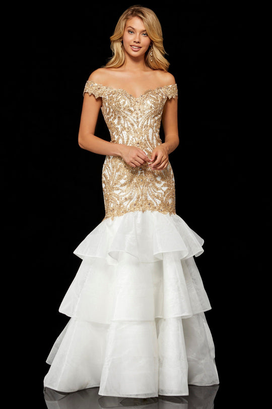 Sherri Hill - 52347 Cap Sleeved Off Shoulder Tiered Mermaid Dress In White and Gold