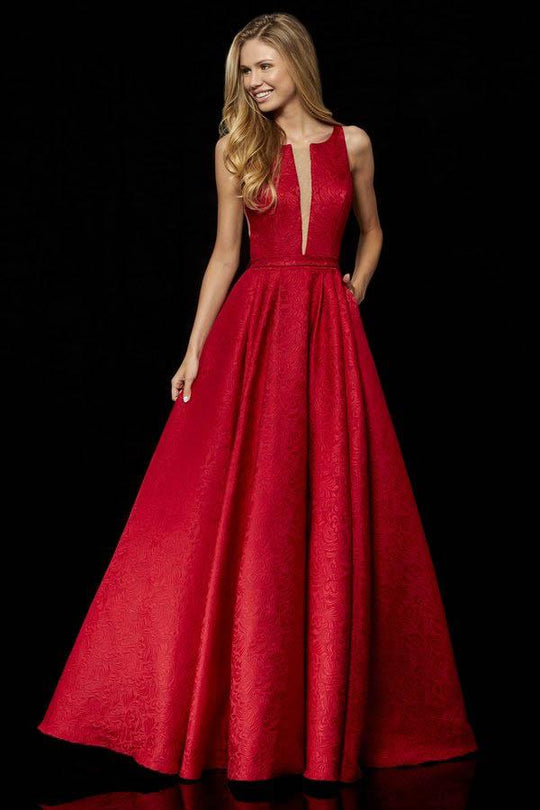 Sherri Hill - 52349 Scoop Neck Brocade A-Line Gown In Red