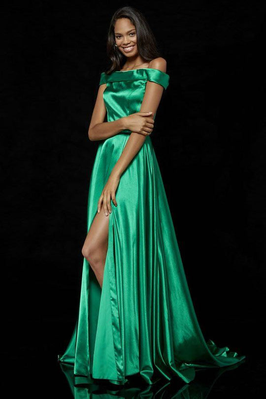 Sherri Hill - 52351 Off-Shoulder A-Line Gown With Slit And Train In Green