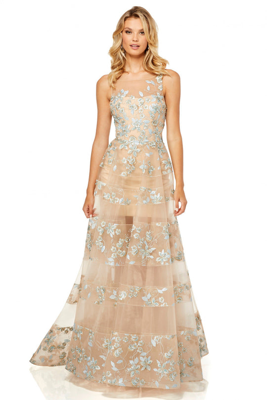 Sherri Hill - 52352 Illusion Beaded Long Dress In Neutral and Silver