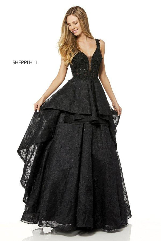 Sherri Hill - 52393 Beaded Lace Deep V-neck Layered Ballgown In Black