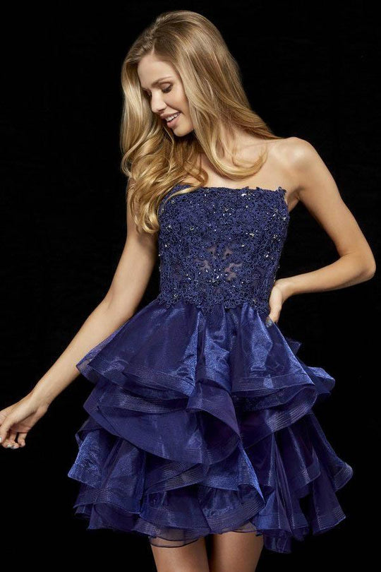 Sherri Hill - 52394 Beaded Strapless Ruffled A-Line Dress In Blue