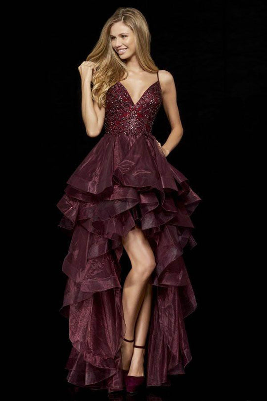 Sherri Hill - 52395 Beaded V-Neck Ruffled High Low Dress In Red