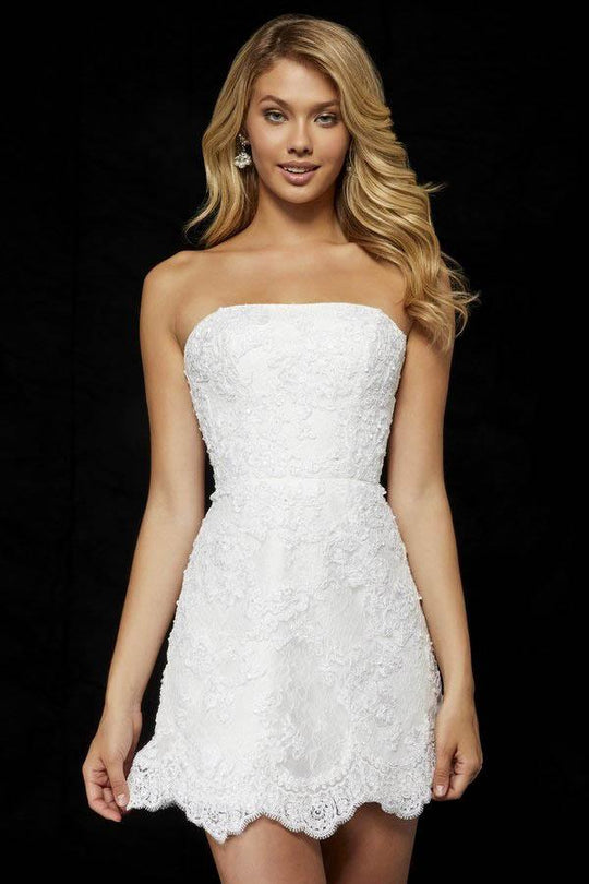 Sherri Hill - 52401 Straight Across Lace A-Line Cocktail Dress In White