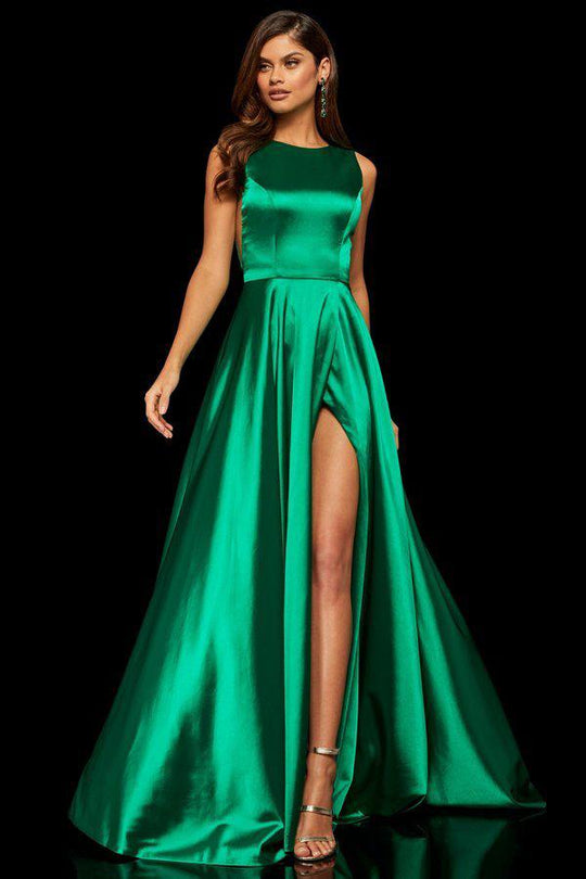 Sherri Hill - 52407 High Neckline A-Line Evening Dress with Slit In Green