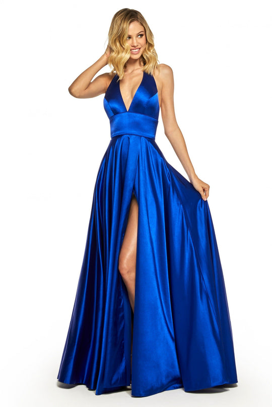 Sherri Hill - 52408 Halter V-Neck Satin Dress with High Slit In Blue