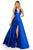 Sherri Hill - 52408 Halter V-Neck Satin Dress with High Slit In Blue