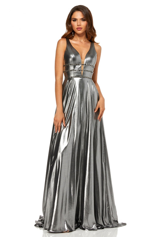 Sherri Hill - 52421 Metallic V-Neck Long A-line Dress In Silver