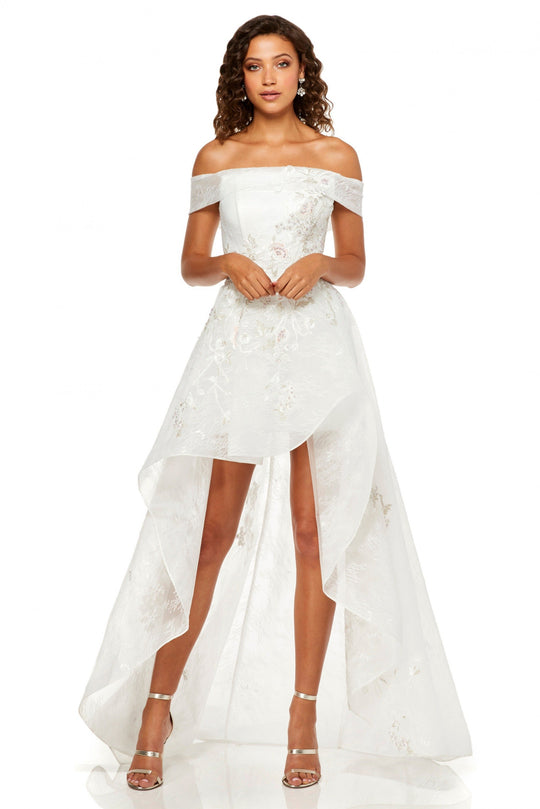 Sherri Hill - 52430 Off The Shoulder Beaded High-Low Dress In White