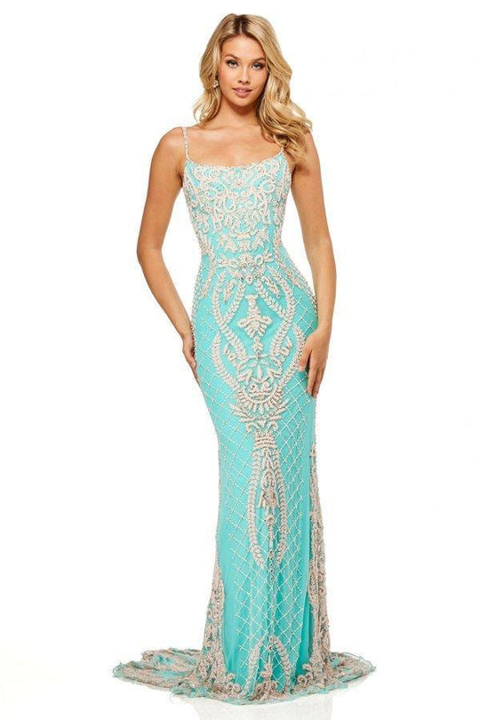 Sherri Hill - 52454 Fully Beaded Lace Up Back Fitted Evening Dress In Green and Pink