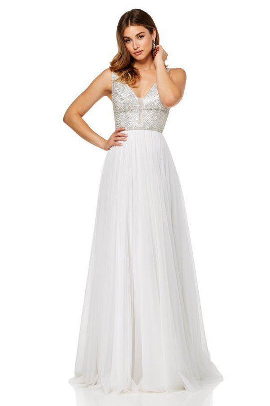 Sherri Hill - 52463 Beaded Plunging V-Neck A-Line Dress In White and Silver