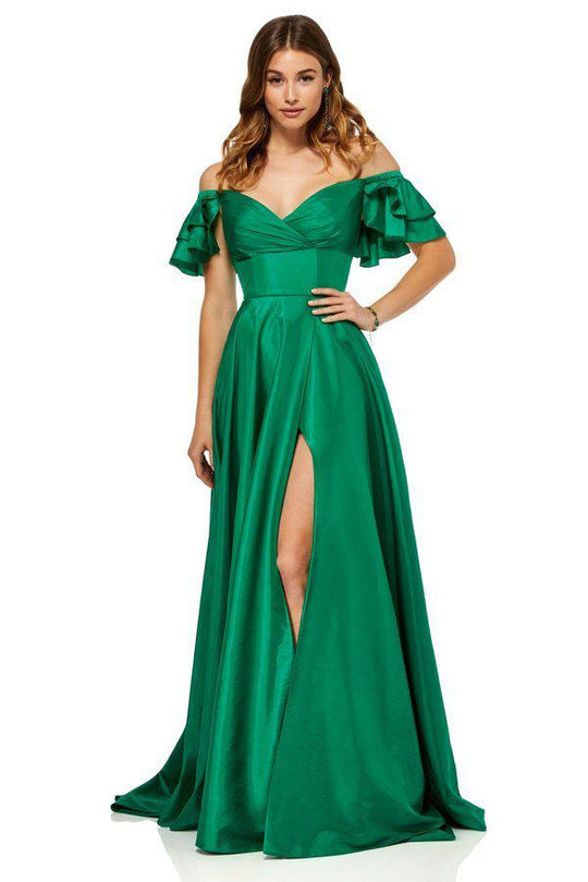 Sherri Hill - 52469 Ruffled Off-Shoulder Dress with Slit In Green