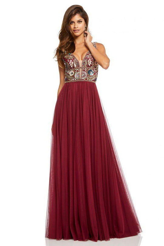 Sherri Hill - 52473 Beaded Deep V-neck Chiffon A-line Gown In Red
