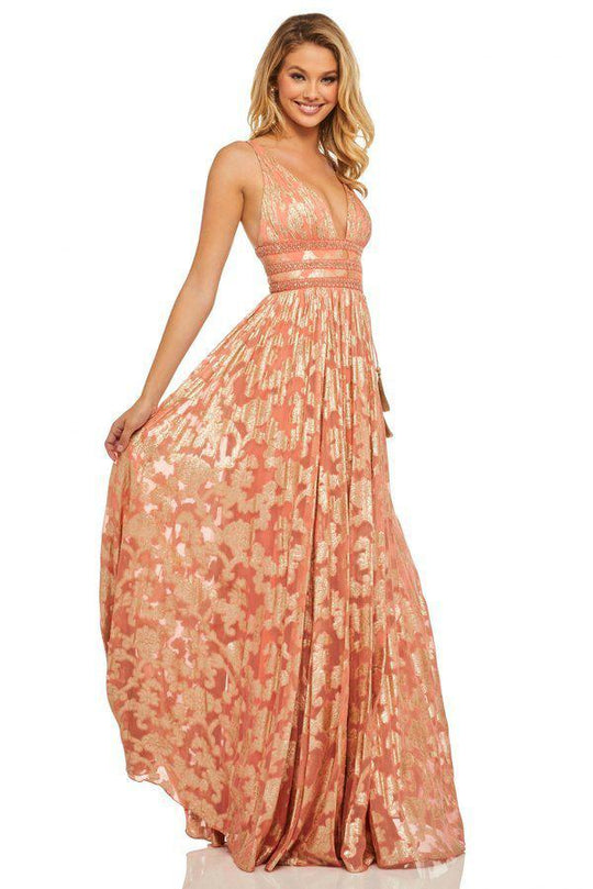 Sherri Hill - 52474 Beaded Plunging V-Neck A-Line Long Dress In Orange and Gold