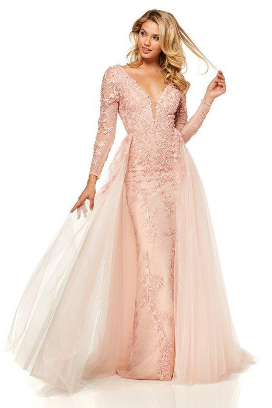Sherri Hill - 52476 Applique Long Sleeve Deep V-neck Dress In Pink
