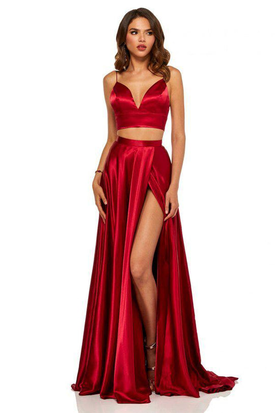 Sherri Hill - 52488 Two Piece Deep V-neck Silk Charmeuse Dress In Red