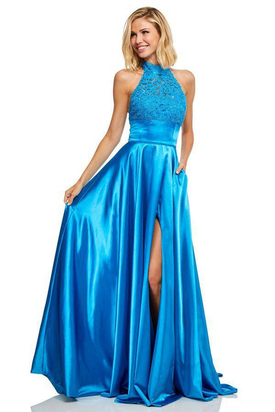 Sherri Hill - 52492 Lace High Halter Dress with Slit In Blue