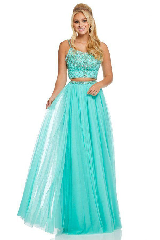 Sherri Hill - 52516 Two Piece Beaded Scoop Tulle A-line Dress In Blue and Green