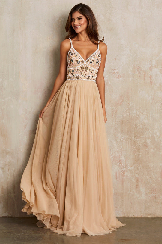 Sherri Hill - 52523 V-Neckline A-line Long Dress In Neutral