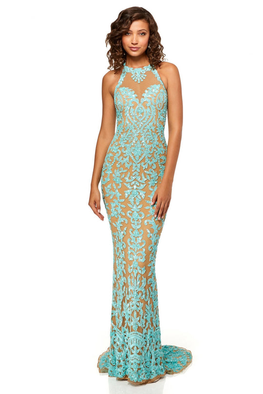 Sherri Hill - 52527 Halter Sequin Applique Long Dress In Green and Neutral