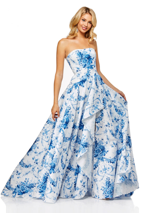 Sherri Hill - 52532 Straight Across Ruffled A-line Dress In White and Blue