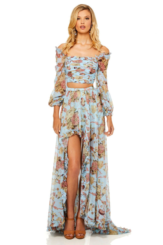 Sherri Hill - 52534 Printed Chiffon Fitted Dress In Blue and Multi