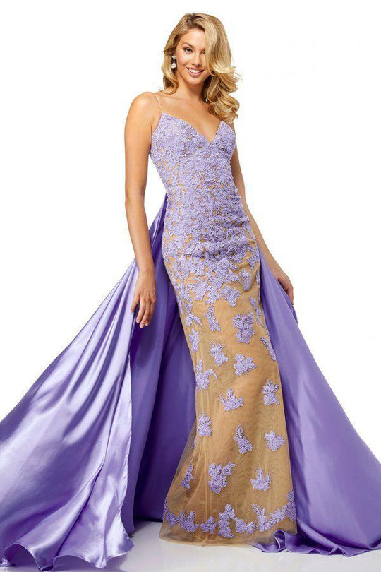 Sherri Hill - 52538 Lace Applique Deep V-neck Fitted Dress In Neutral and Purple