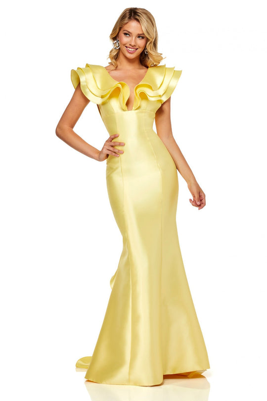 Sherri Hill - 52547 Ruffle Draped Long Mikado Dress In Yellow