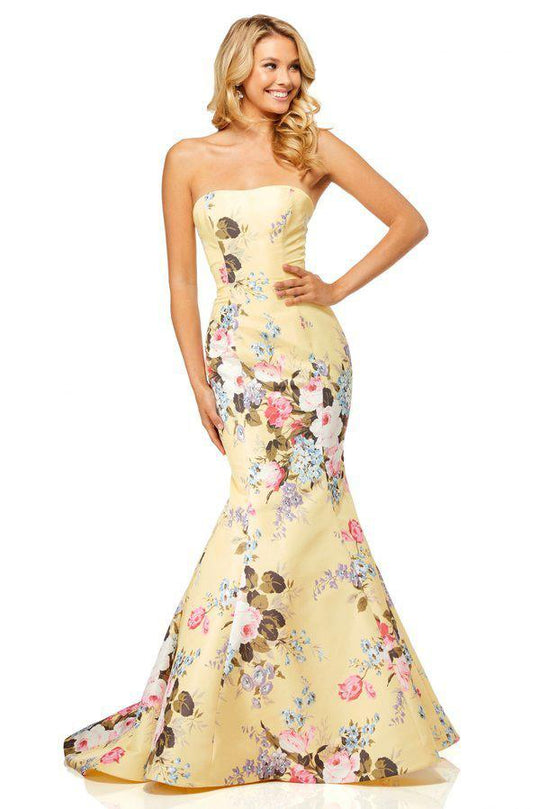 Sherri Hill - 52551 Strapless Floral Printed Mermaid Dress In Yellow and Print