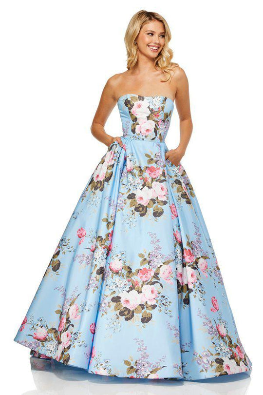 Sherri Hill - 52553 Strapless Full Figured Floral Evening Dress In Blue and Print
