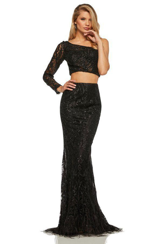 Sherri Hill - 52555 Single Shoulder Asymmetric Neck Feathered Dress In Black