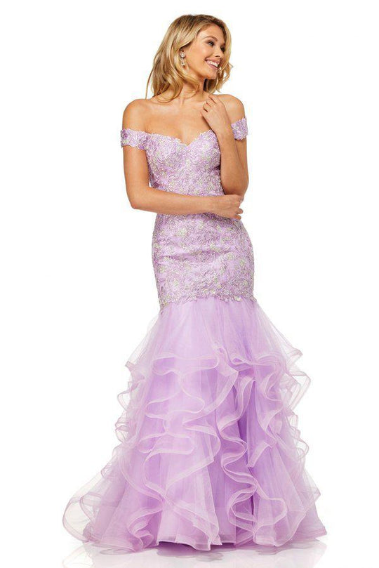 Sherri Hill - 52559 Off-Shoulder Cap Sleeve Mermaid Long Dress In Purple