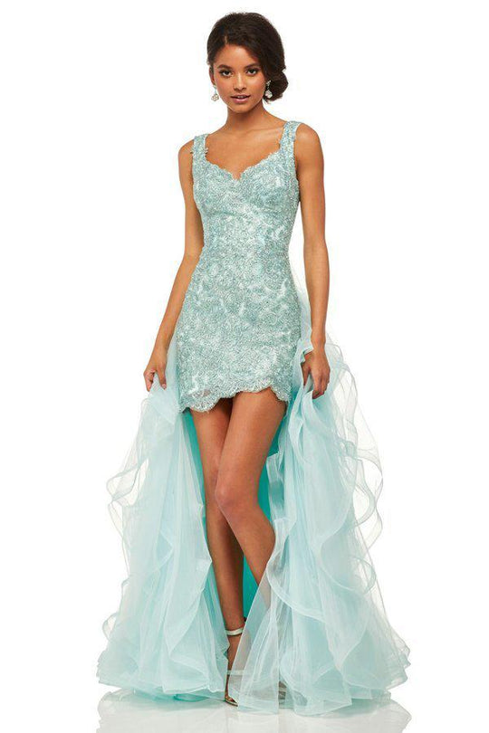 Sherri Hill - 52562 Metallic Lace V-neck Dress With Removable Skirt In Blue and Green